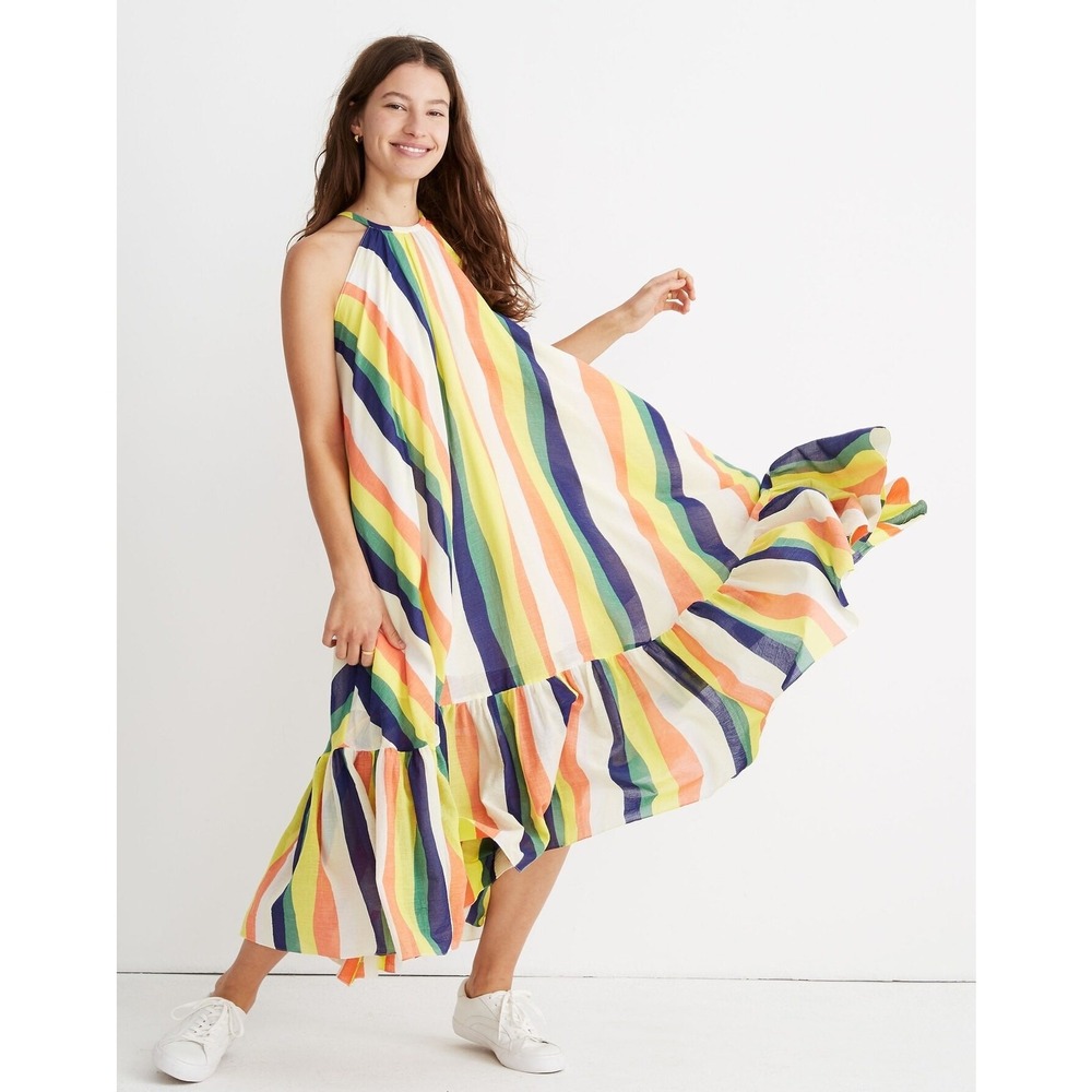 WHIT x Madewell Rainbow Stripe‎ Crinkle Cotton Halter Maxi Dress - Size S